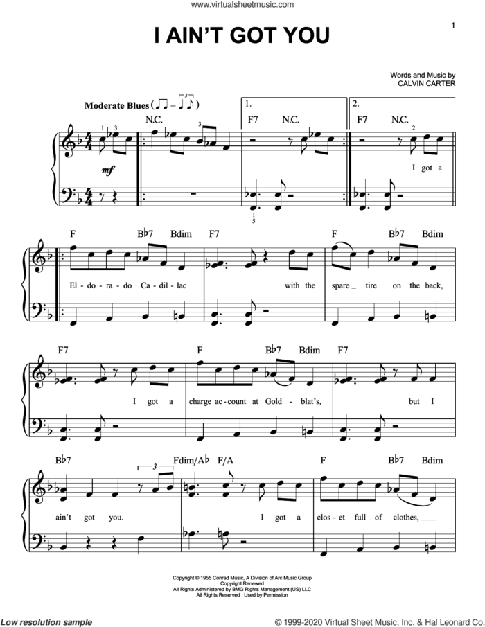 I Ain't Got You sheet music for piano solo by Jimmy Reed and Calvin Carter, beginner skill level