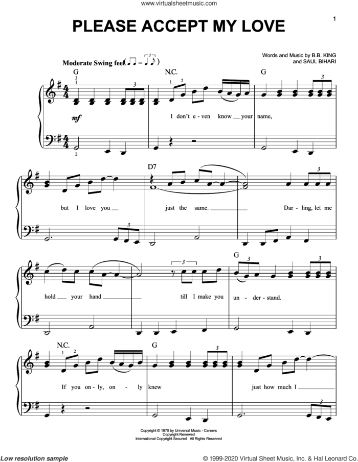 Please Accept My Love, (beginner) sheet music for piano solo by B.B. King and Saul Bihari, beginner skill level
