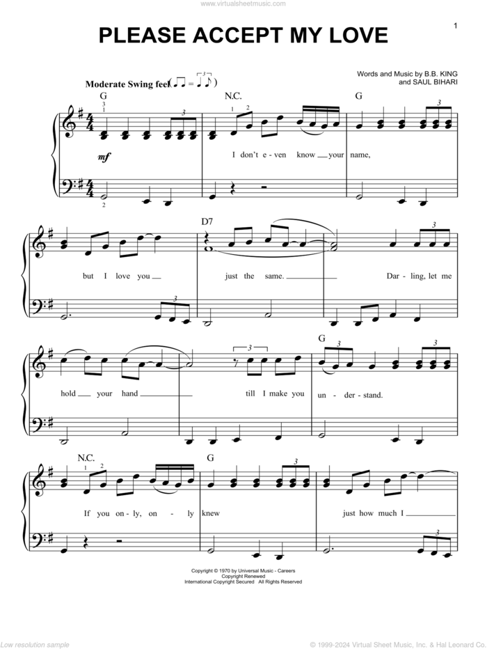 Please Accept My Love, (beginner) sheet music for piano solo by B.B. King and Saul Bihari, beginner skill level