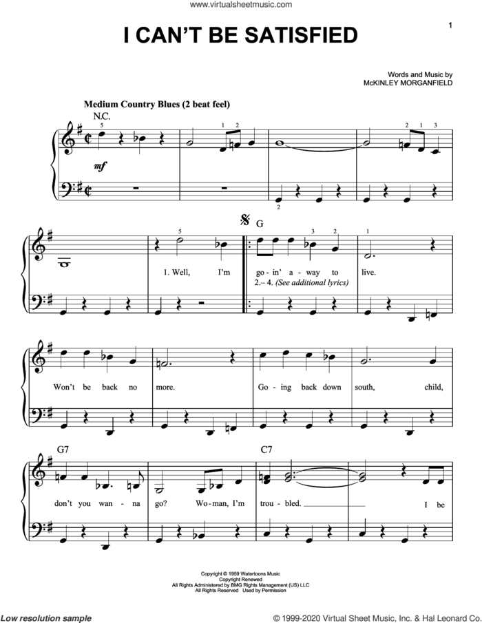 I Can't Be Satisfied sheet music for piano solo by Muddy Waters, beginner skill level