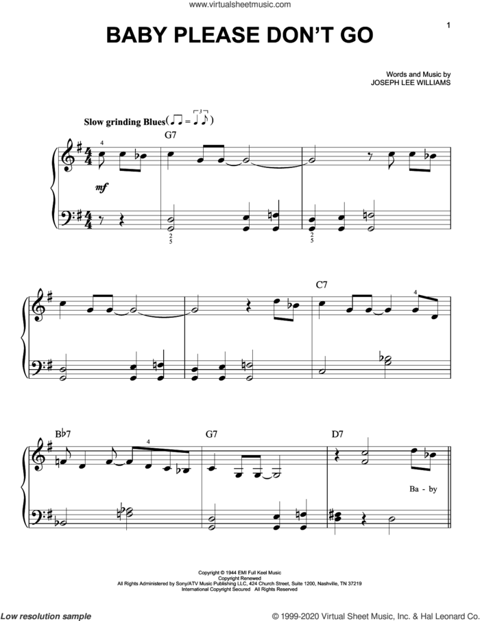 Baby Please Don't Go sheet music for piano solo by Them & Van Morrison and Joseph Lee Williams, beginner skill level