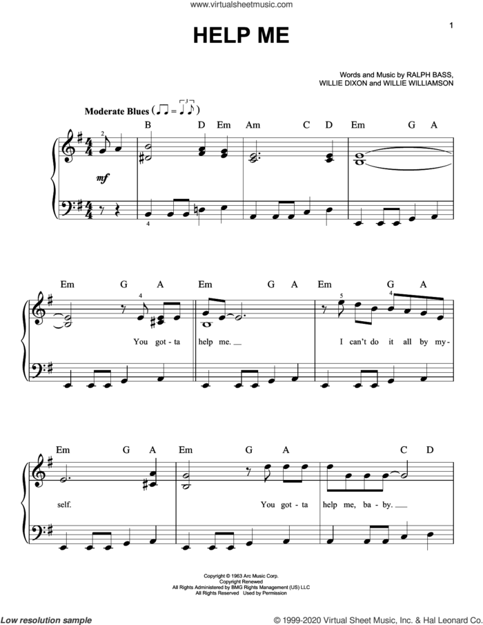 Help Me sheet music for piano solo by Sonny Boy Williamson, Ralph Bass, Willie Dixon and Willie Williamson, beginner skill level