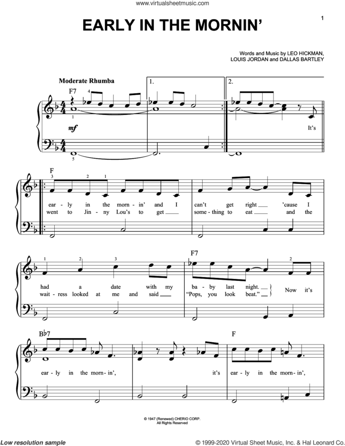 Early In The Mornin' sheet music for piano solo by Buddy Guy, Dallas Bartley, Leo Hickman and Louis Jordan, beginner skill level