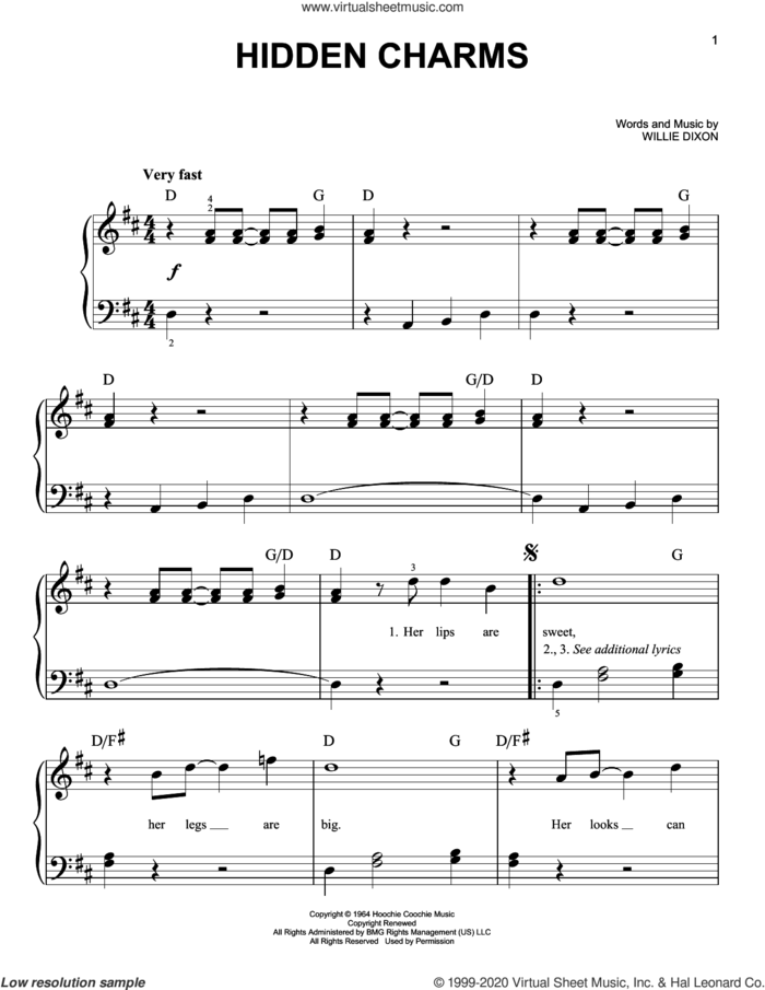 Hidden Charms sheet music for piano solo by Willie Dixon, beginner skill level