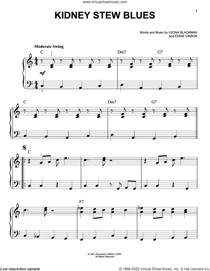 Kidney Stew Blues sheet music for piano solo by Eddie Vinson and Leona Blackman, beginner skill level