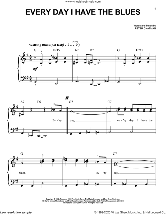 Every Day I Have The Blues sheet music for piano solo by B.B. King and Peter Chatman, beginner skill level