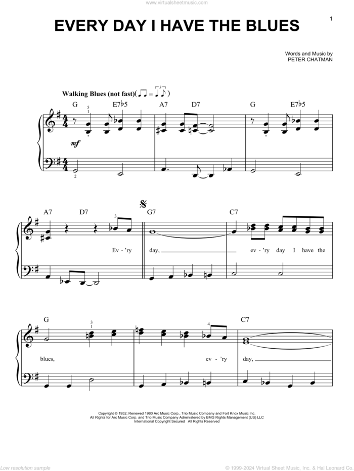 Every Day I Have The Blues sheet music for piano solo by B.B. King and Peter Chatman, beginner skill level