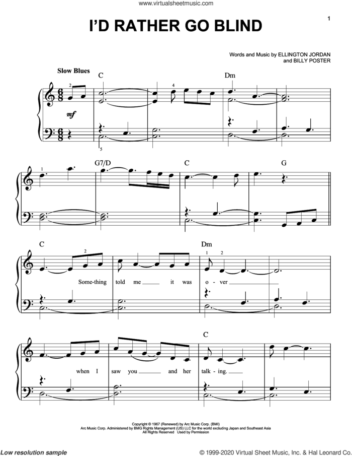 I'd Rather Go Blind sheet music for piano solo by Etta James, Billy Foster and Ellington Jordan, beginner skill level