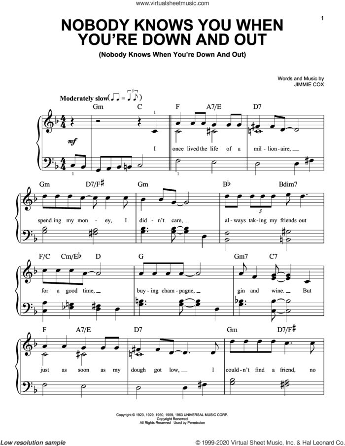 Nobody Knows You When You're Down And Out sheet music for piano solo by Eric Clapton and Jimmie Cox, beginner skill level