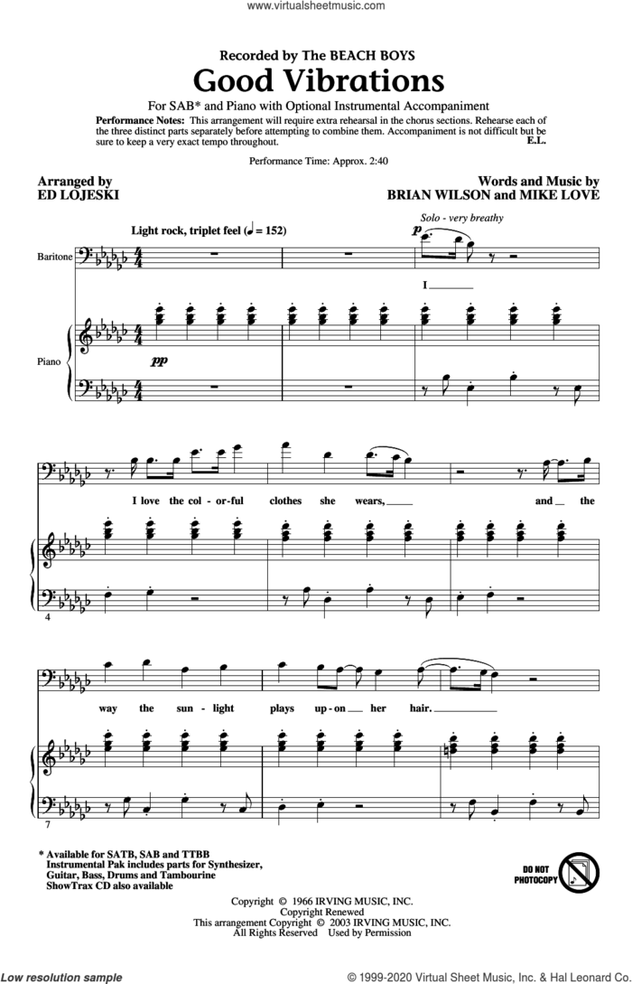 Good Vibrations (arr. Ed Lojeski) sheet music for choir (SAB: soprano, alto, bass) by The Beach Boys, Ed Lojeski, Brian Wilson and Mike Love, intermediate skill level