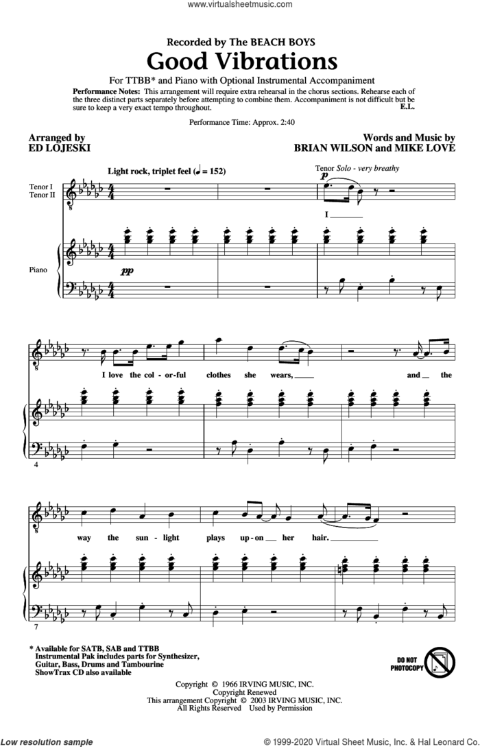 Good Vibrations (arr. Ed Lojeski) sheet music for choir (TTBB: tenor, bass) by The Beach Boys, Ed Lojeski, Brian Wilson and Mike Love, intermediate skill level