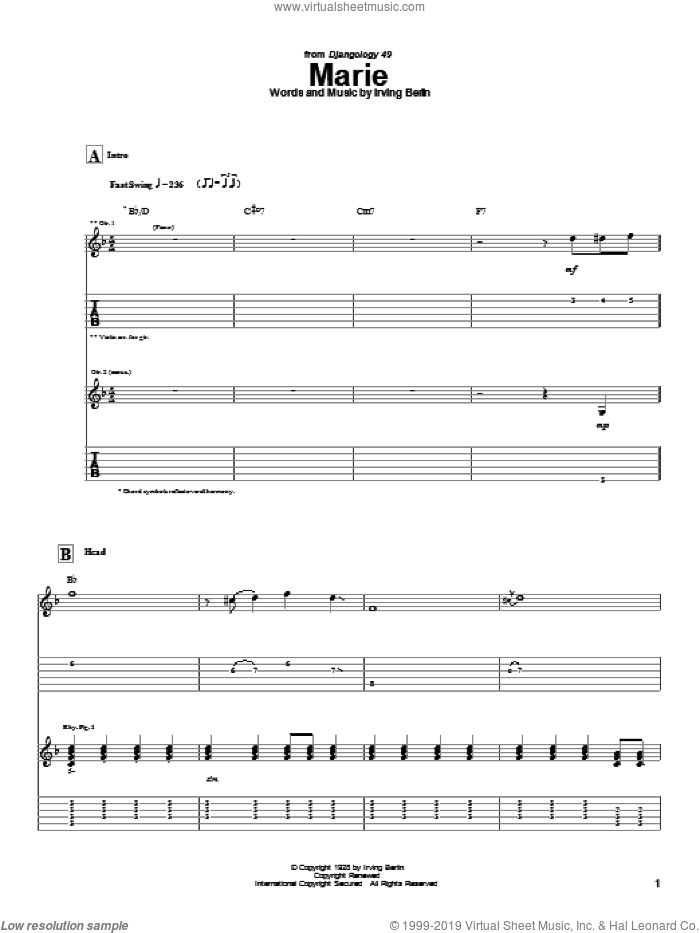 Marie sheet music for guitar (tablature) by Django Reinhardt and Irving Berlin, intermediate skill level