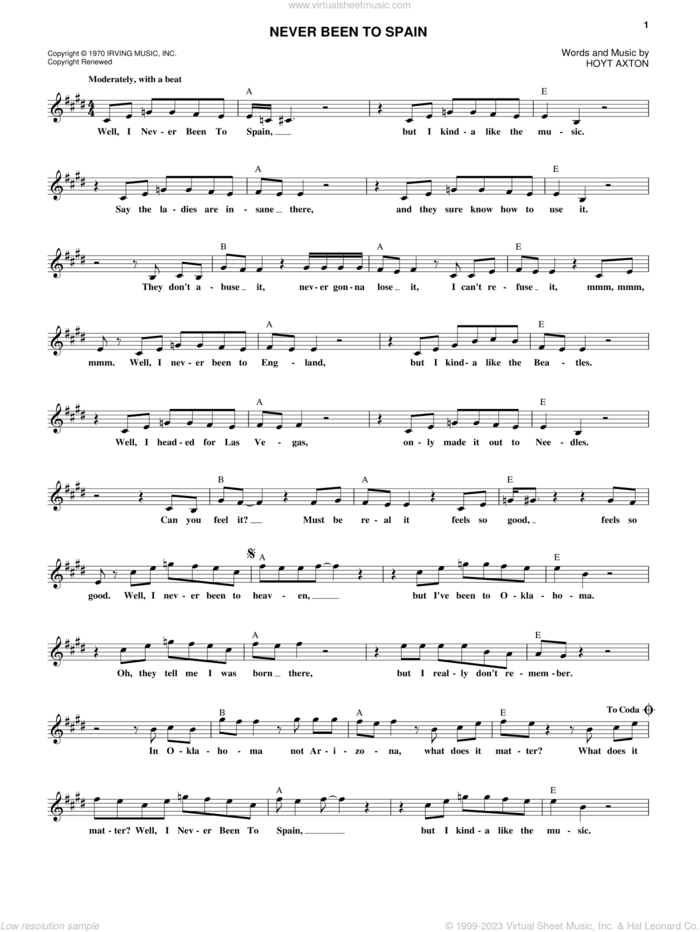 Never Been To Spain sheet music for voice and other instruments (fake book) by Three Dog Night and Hoyt Axton, intermediate skill level