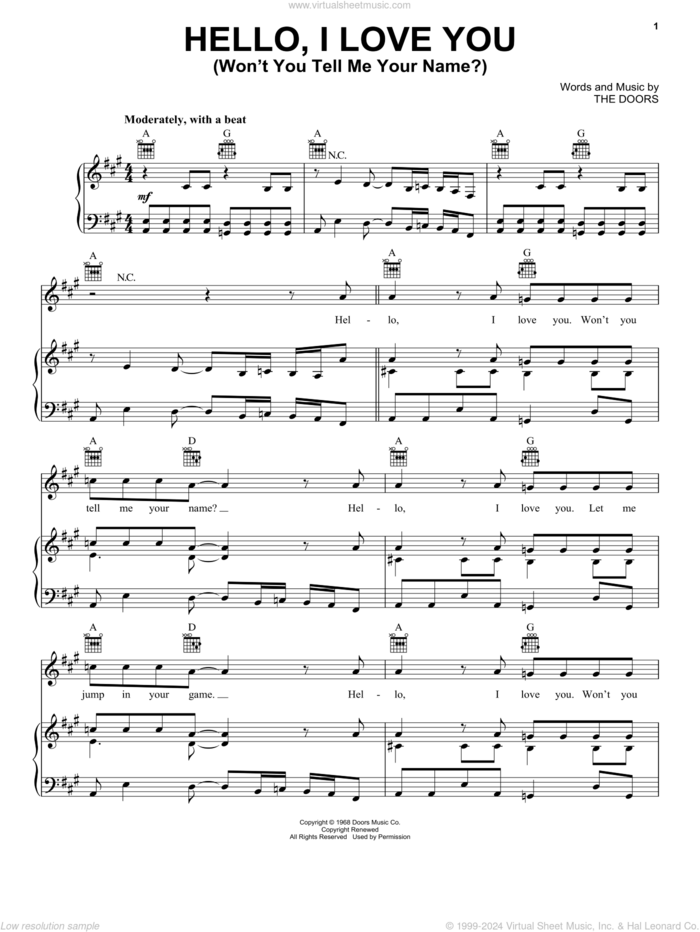 Hello, I Love You (Won't You Tell Me Your Name?) sheet music for voice, piano or guitar by The Doors, intermediate skill level