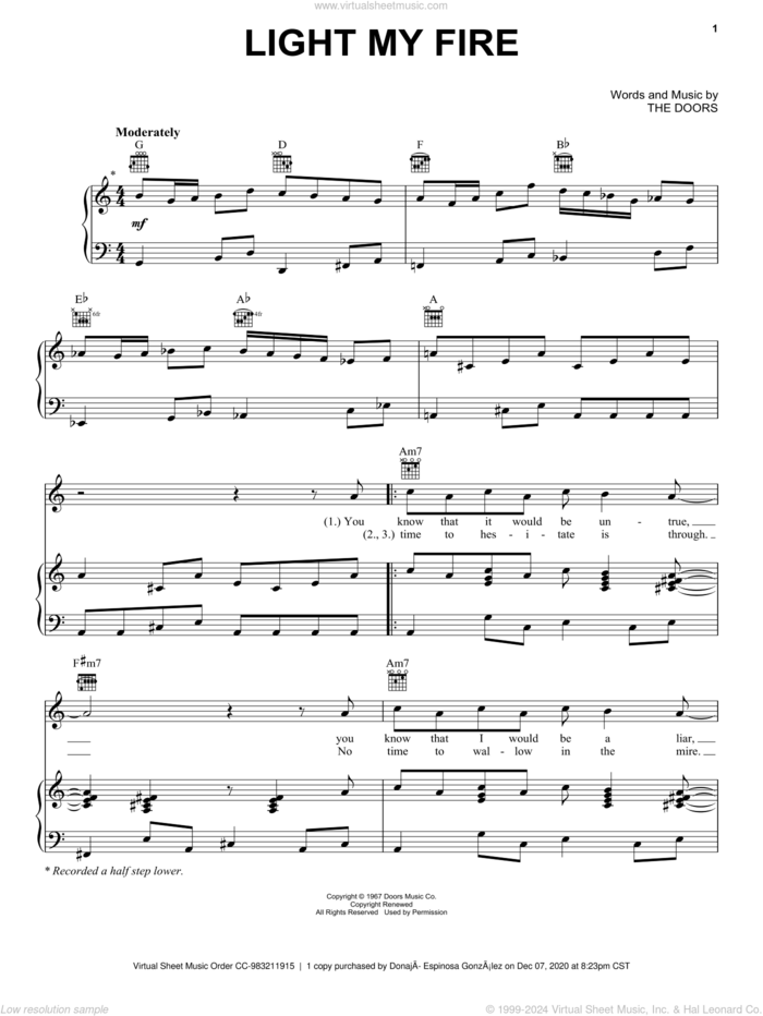 Light My Fire sheet music for voice, piano or guitar by The Doors, intermediate skill level