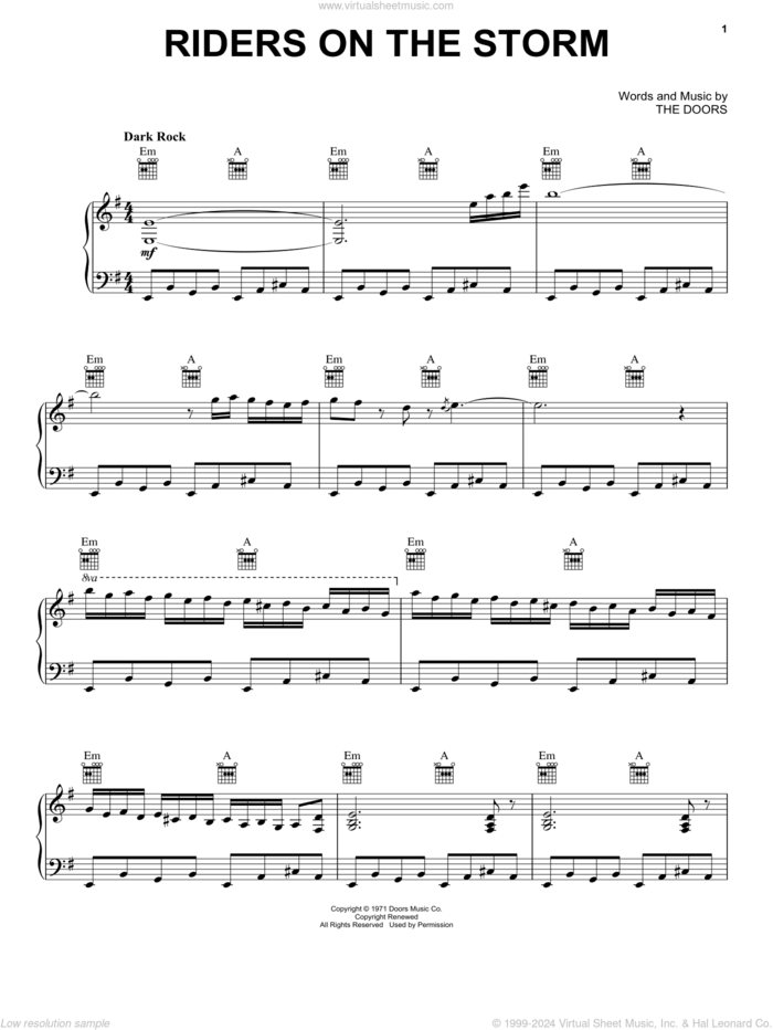 Riders On The Storm sheet music for voice, piano or guitar by The Doors, intermediate skill level
