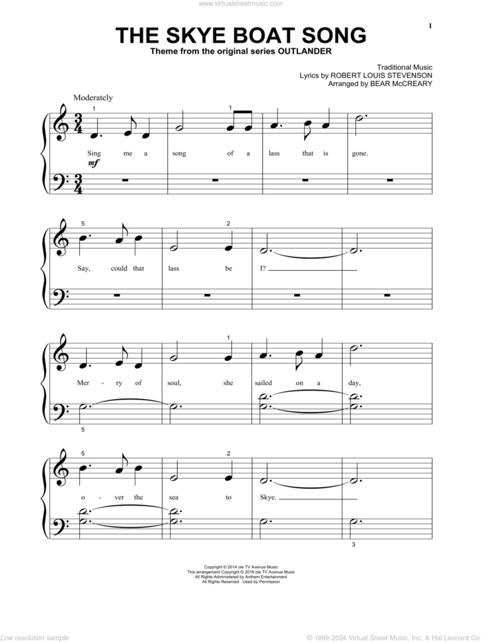 The Skye Boat Song (from Outlander) (arr. Bear McCreary) sheet music for piano solo (big note book) by Robert Louis Stevenson, Bear McCreary and Miscellaneous, easy piano (big note book)