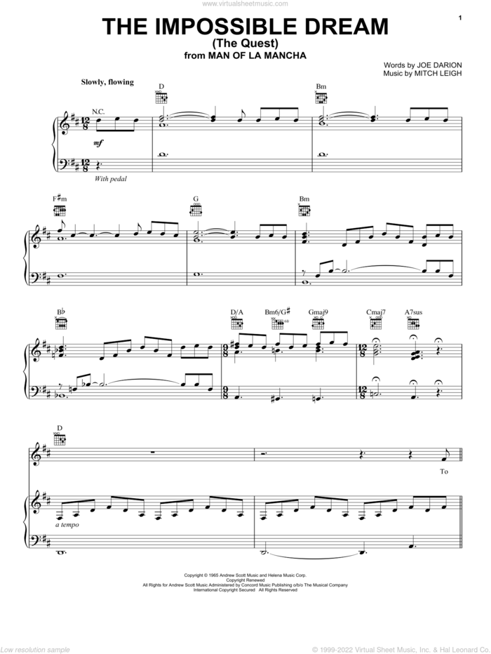 The Impossible Dream (The Quest) sheet music for voice, piano or guitar by Luther Vandross, Joe Darion and Mitch Leigh, intermediate skill level
