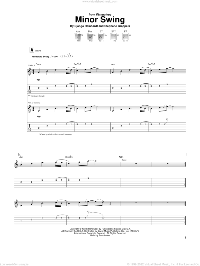 Minor Swing sheet music for guitar (tablature) by Django Reinhardt and Stephane Grappelli, intermediate skill level