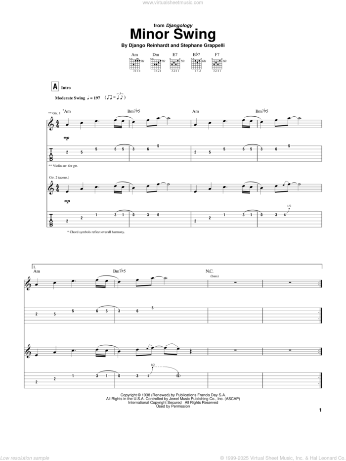 Minor Swing sheet music for guitar (tablature) by Django Reinhardt and Stephane Grappelli, intermediate skill level