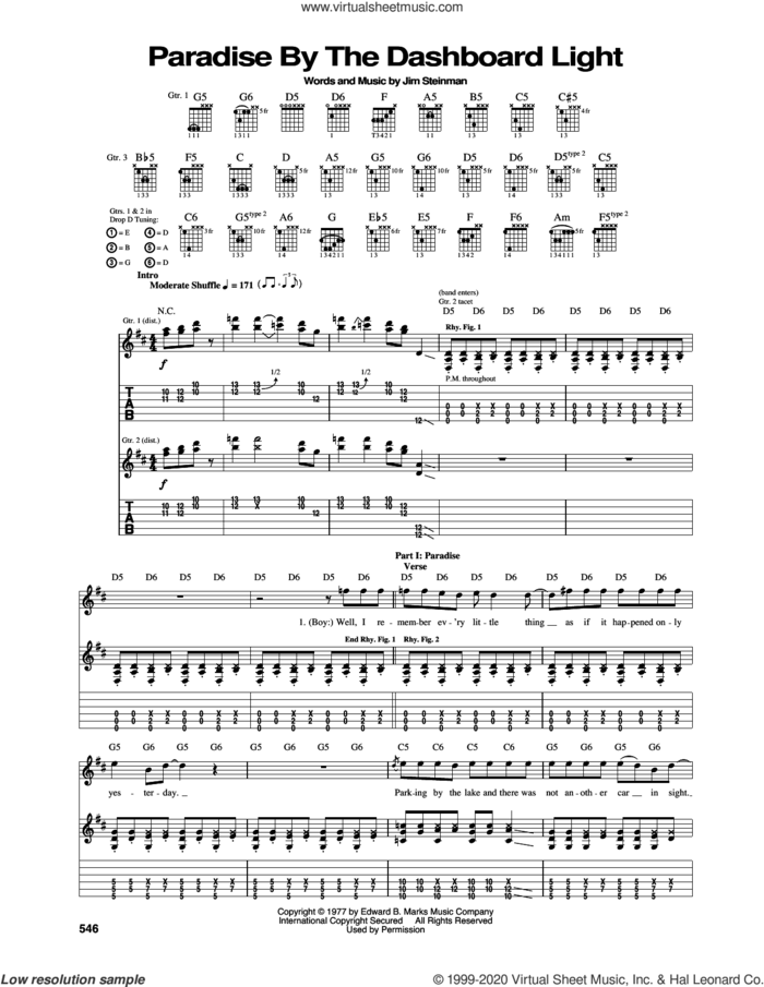 Paradise By The Dashboard Light sheet music for guitar (tablature) by Meat Loaf and Jim Steinman, intermediate skill level