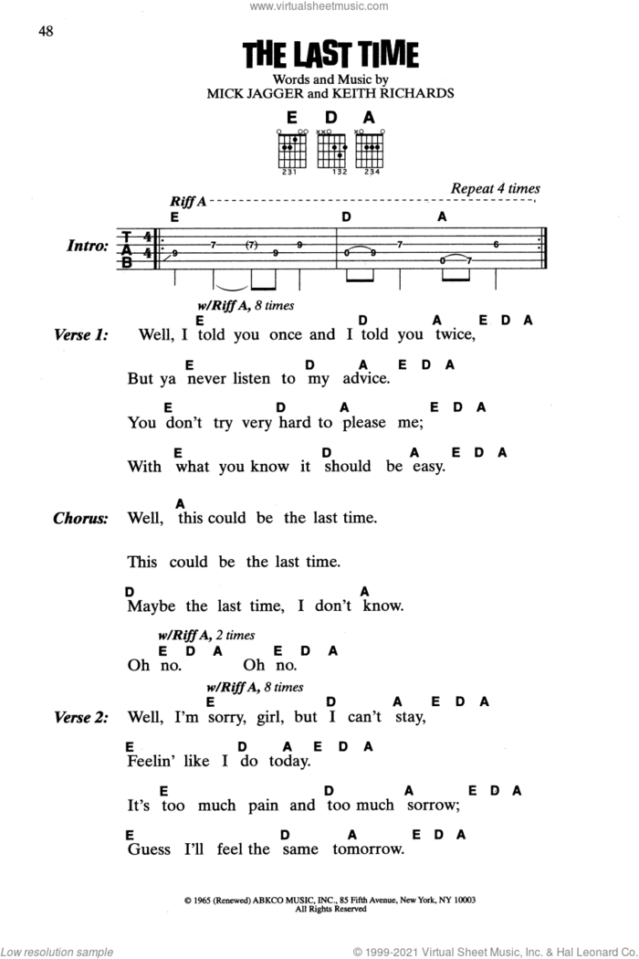 The Last Time sheet music for guitar (chords) by The Rolling Stones, Keith Richards and Mick Jagger, intermediate skill level