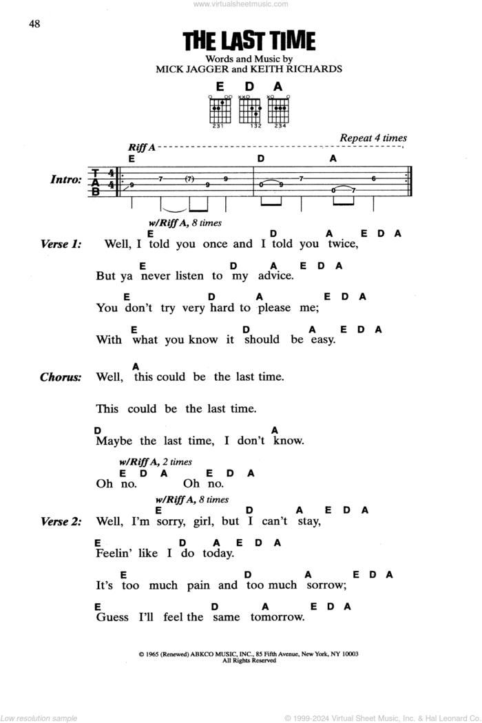 The Last Time sheet music for guitar (chords) by The Rolling Stones, Keith Richards and Mick Jagger, intermediate skill level