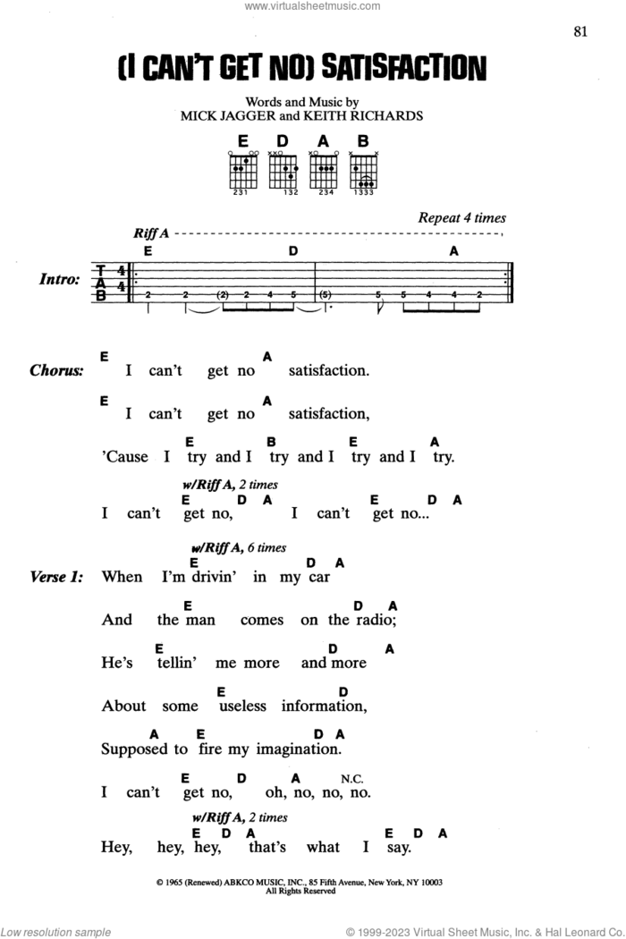(I Can't Get No) Satisfaction sheet music for guitar (chords) by The Rolling Stones, Keith Richards and Mick Jagger, intermediate skill level