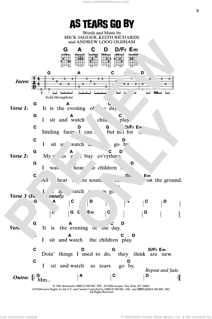 As Tears Go By sheet music for guitar (chords) by The Rolling Stones, Andrew Loog Oldham, Keith Richards and Mick Jagger, intermediate skill level