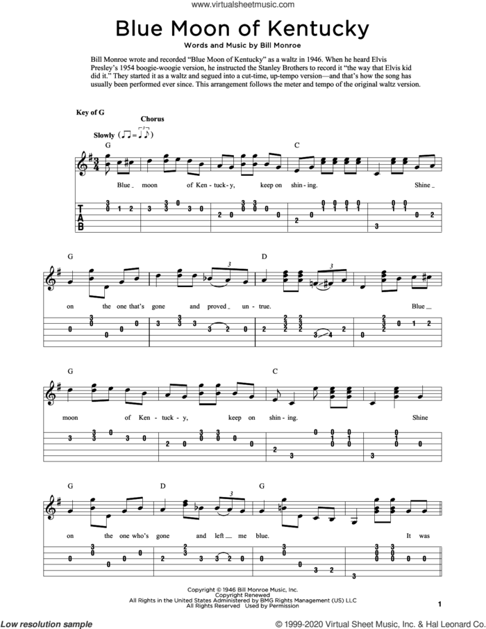 Blue Moon Of Kentucky (arr. Fred Sokolow) sheet music for guitar solo by Bill Monroe and Fred Sokolow, intermediate skill level