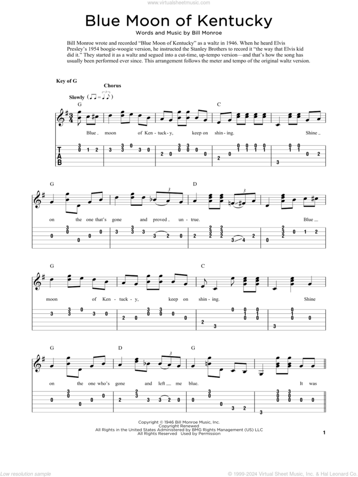 Blue Moon Of Kentucky (arr. Fred Sokolow) sheet music for guitar solo by Bill Monroe and Fred Sokolow, intermediate skill level