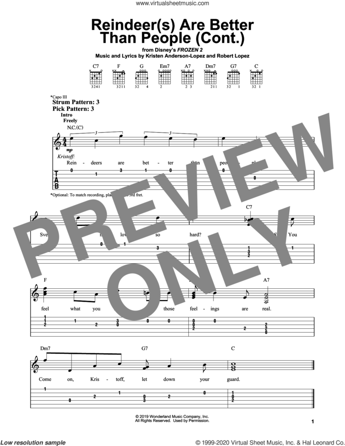 Reindeer(s) Are Better Than People (Cont.) (from Disney's Frozen 2) sheet music for guitar solo (easy tablature) by Jonathan Groff, Kristen Anderson-Lopez and Robert Lopez, easy guitar (easy tablature)