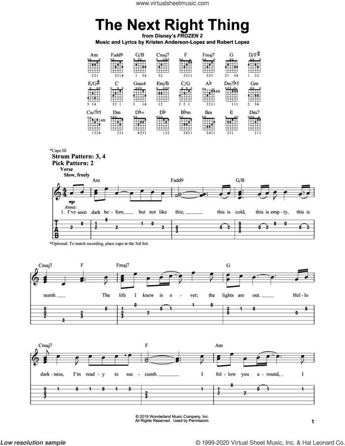 The Next Right Thing (from Disney's Frozen 2) sheet music for guitar solo (easy tablature) by Kristen Bell, Kristen Anderson-Lopez and Robert Lopez, easy guitar (easy tablature)