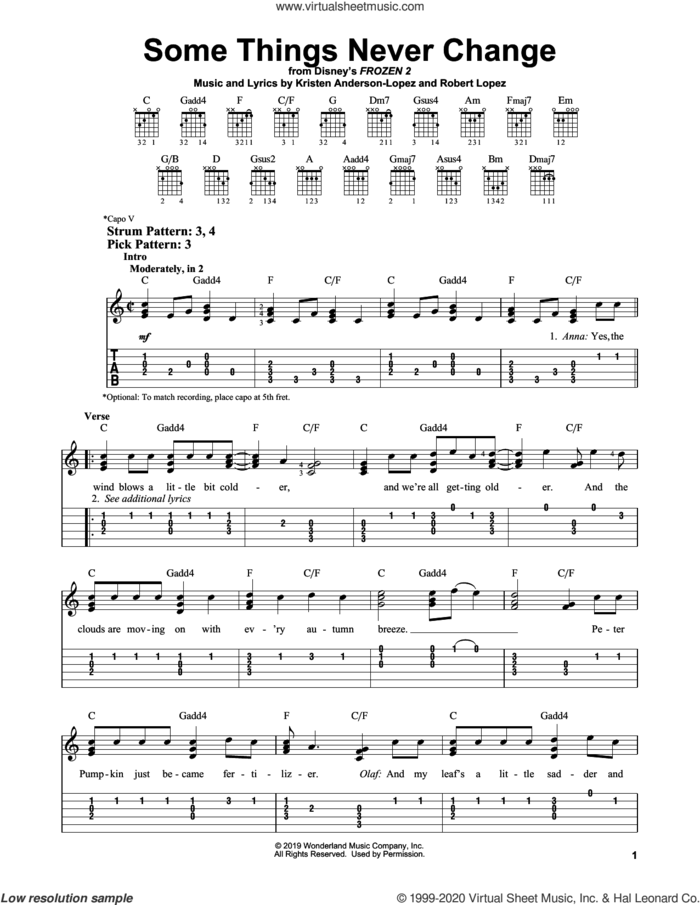 Some Things Never Change (from Disney's Frozen 2) sheet music for guitar solo (easy tablature) by Kristen Bell, Idina Menzel and Cast of Frozen 2, Kristen Anderson-Lopez and Robert Lopez, easy guitar (easy tablature)