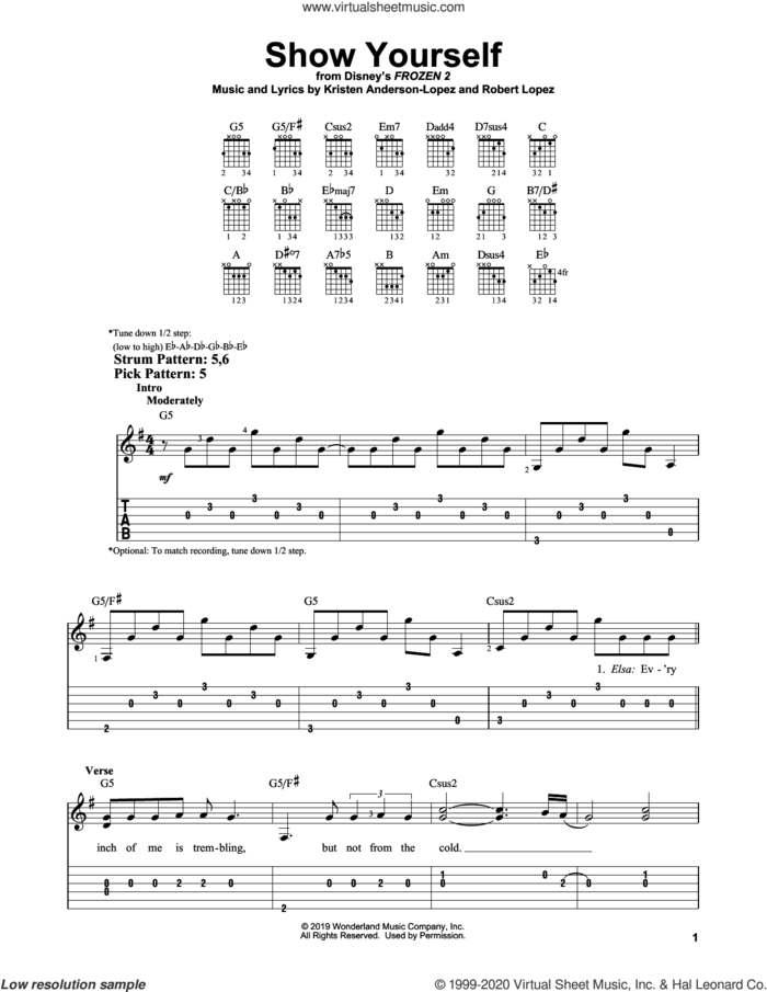 Show Yourself (from Disney's Frozen 2) sheet music for guitar solo (easy tablature) by Idina Menzel and Evan Rachel Wood, Kristen Anderson-Lopez and Robert Lopez, easy guitar (easy tablature)