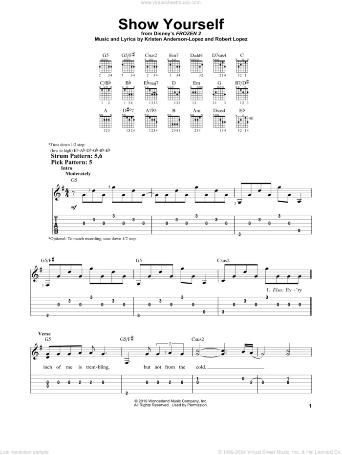 Show Yourself (from Disney's Frozen 2) sheet music for guitar solo (easy tablature) by Idina Menzel and Evan Rachel Wood, Kristen Anderson-Lopez and Robert Lopez, easy guitar (easy tablature)