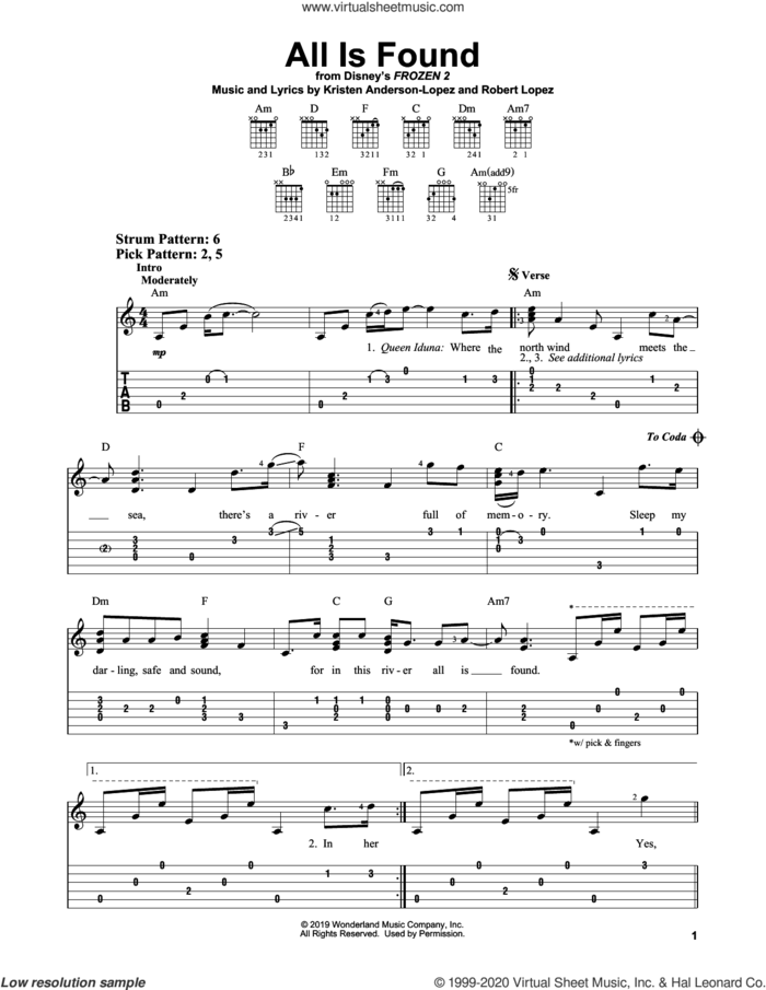 All Is Found (from Disney's Frozen 2) sheet music for guitar solo (easy tablature) by Evan Rachel Wood, Kristen Anderson-Lopez and Robert Lopez, easy guitar (easy tablature)