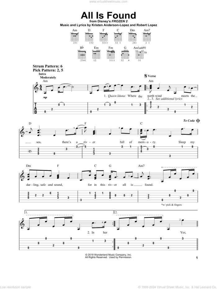 All Is Found (from Disney's Frozen 2) sheet music for guitar solo (easy tablature) by Evan Rachel Wood, Kristen Anderson-Lopez and Robert Lopez, easy guitar (easy tablature)