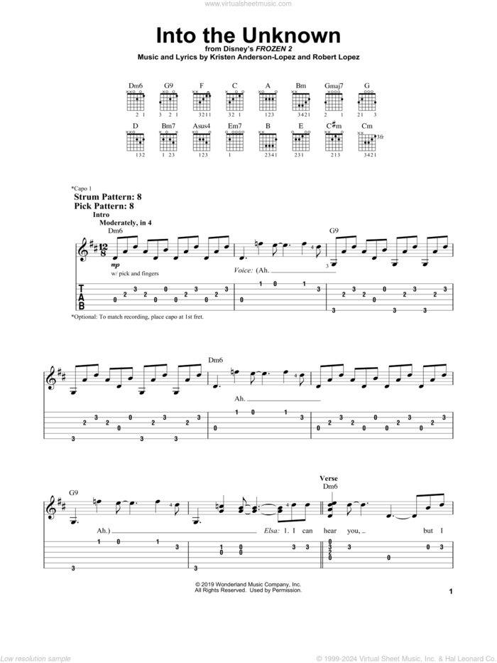 Into The Unknown (from Disney's Frozen 2) sheet music for guitar solo (easy tablature) by Idina Menzel and AURORA, Kristen Anderson-Lopez and Robert Lopez, easy guitar (easy tablature)