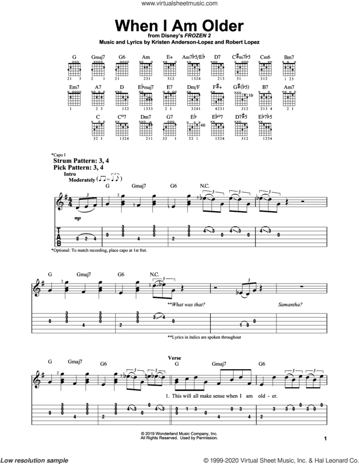When I Am Older (from Disney's Frozen 2) sheet music for guitar solo (easy tablature) by Josh Gad, Kristen Anderson-Lopez and Robert Lopez, easy guitar (easy tablature)