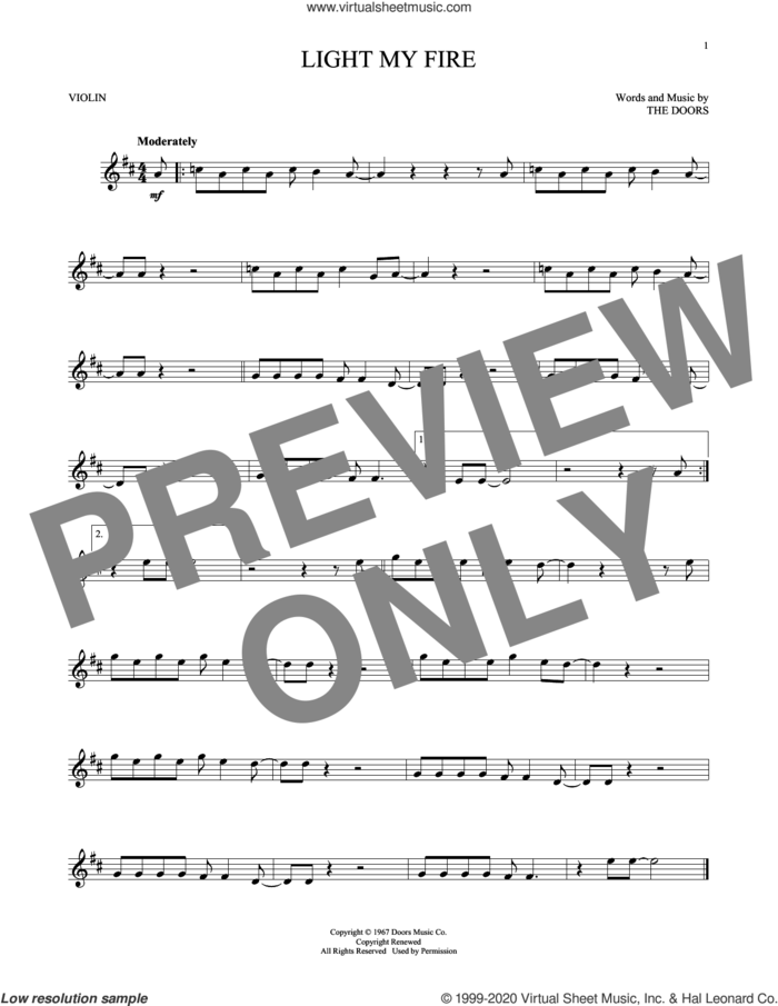 Light My Fire sheet music for violin solo by The Doors, intermediate skill level