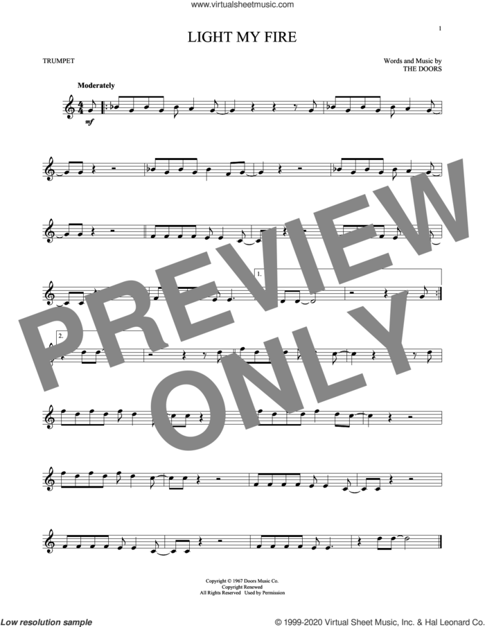 Light My Fire sheet music for trumpet solo by The Doors, intermediate skill level