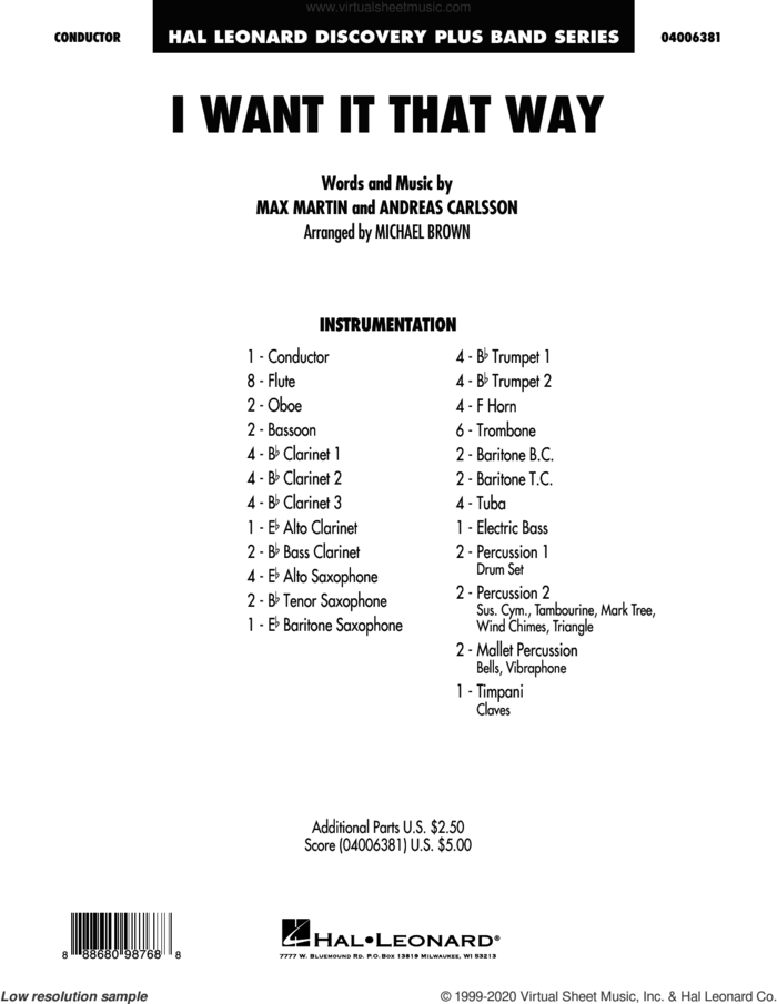 I Want It That Way (arr. Michael Brown) (COMPLETE) sheet music for concert band by Max Martin, Andreas Carlsson, Backstreet Boys and Michael Brown, intermediate skill level