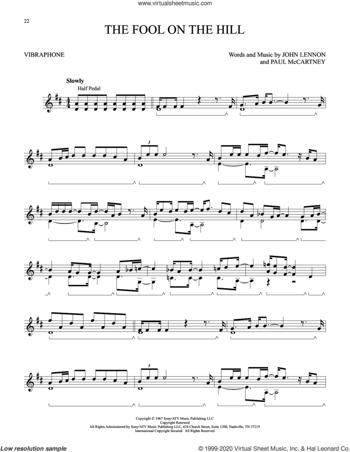 The Fool On The Hill sheet music for Vibraphone Solo by The Beatles, John Lennon and Paul McCartney, intermediate skill level