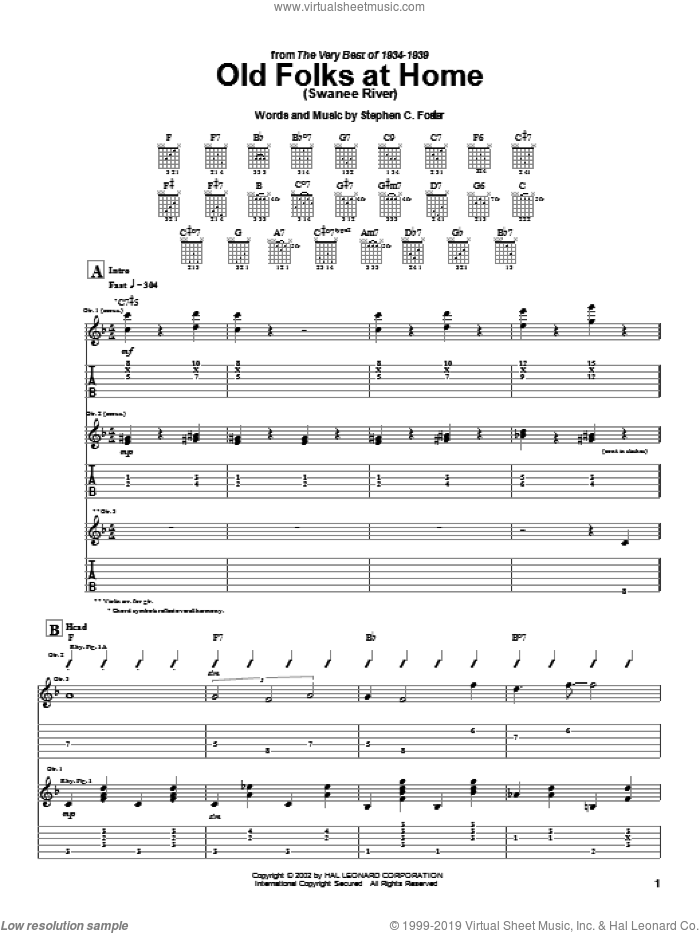 Old Folks At Home (Swanee River) sheet music for guitar (tablature) by Django Reinhardt and Stephen Foster, intermediate skill level