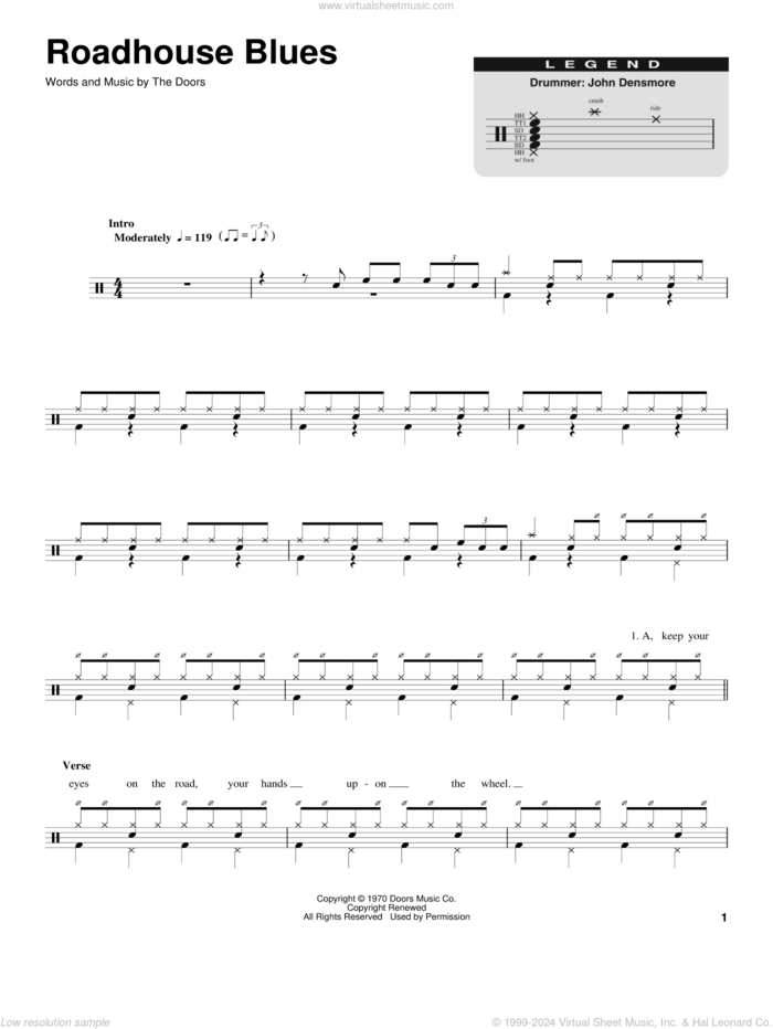 Roadhouse Blues sheet music for drums by The Doors, intermediate skill level