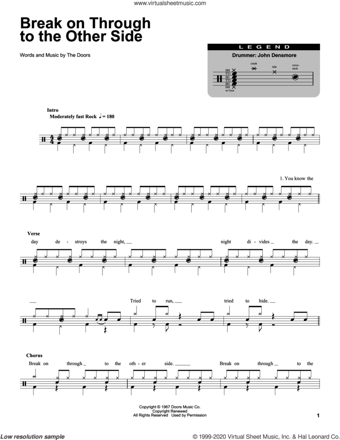 Break On Through To The Other Side sheet music for drums by The Doors, intermediate skill level