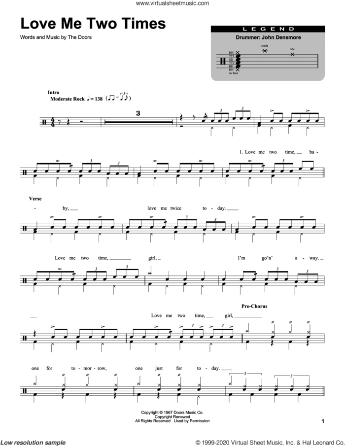 Love Me Two Times sheet music for drums by The Doors, intermediate skill level