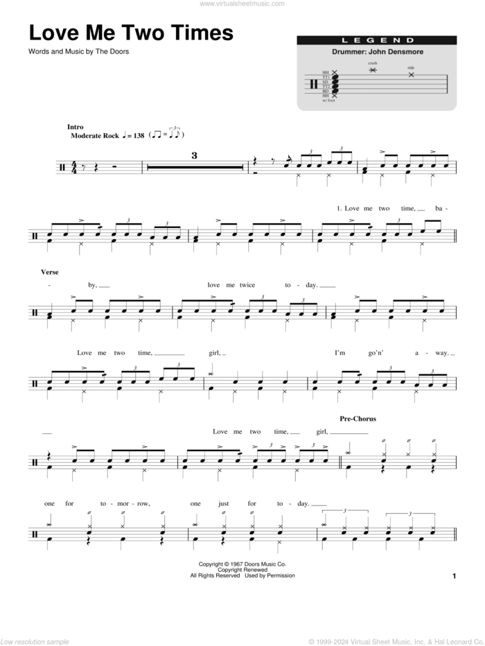 Love Me Two Times sheet music for drums by The Doors, intermediate skill level