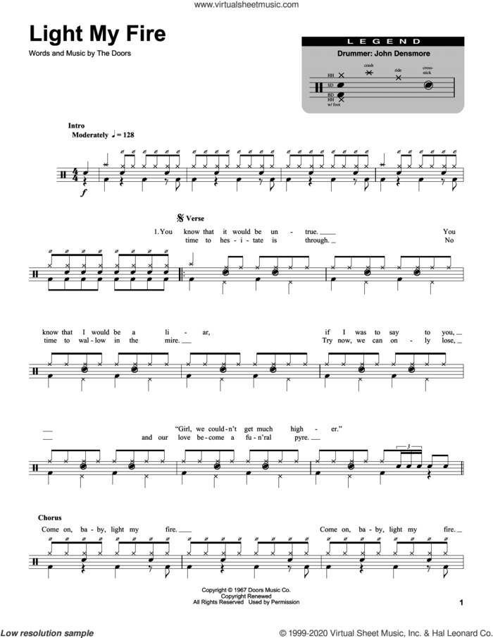 Light My Fire sheet music for drums by The Doors, intermediate skill level